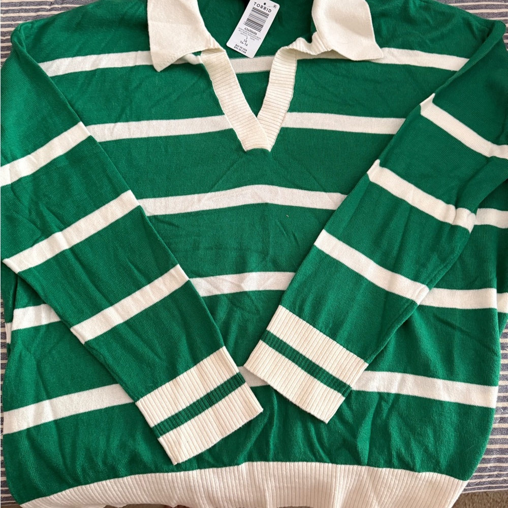 Torrid Green and Cream Striped V-Neck Sweater